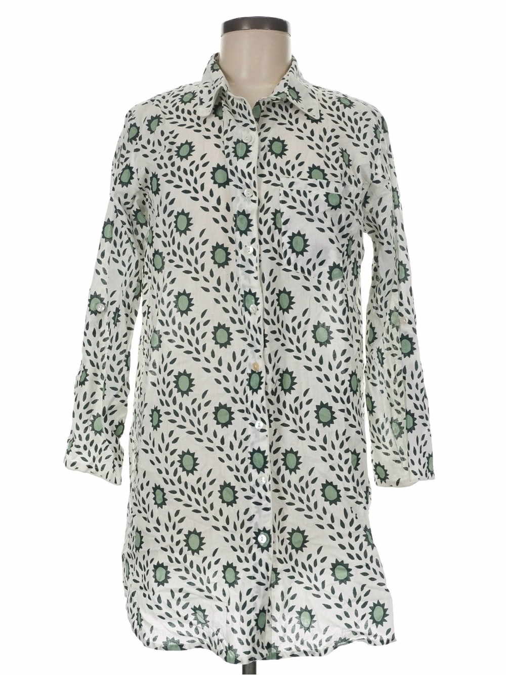 Julia Amory Husband Shirt 100% Cotton Sage White Block Print Coastal Chic NWT M - Picture 3 of 12